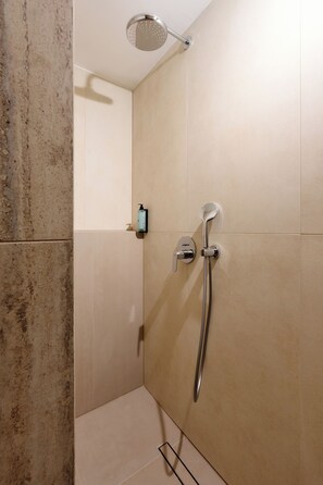 Douche, séchoir à cheveux, serviettes fournies, savon