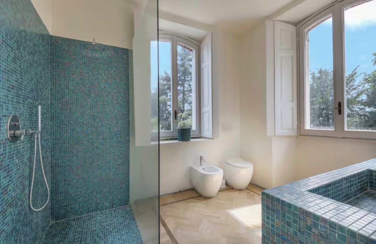 Shower, hair dryer, towels, toilet paper