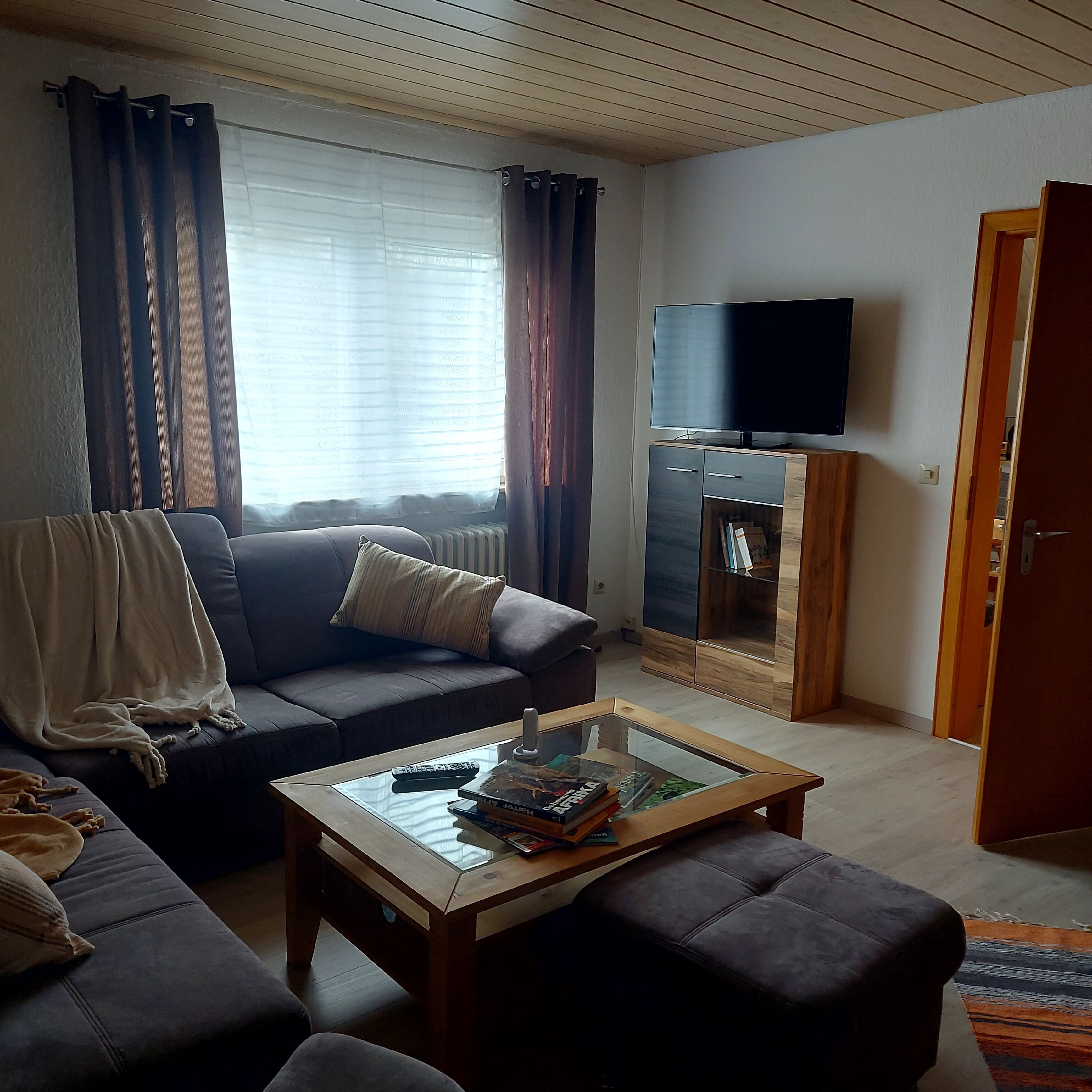Olohuoneessa on sohva, kirjoja sisältävä sohvapöytä, jalustalla oleva televisio ja ovi toiseen huoneeseen.