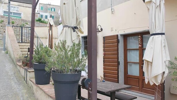 Un callejón estrecho con plantas en macetas, sombrillas de exterior, un banco de madera y un edificio con una puerta y ventanas marrones.