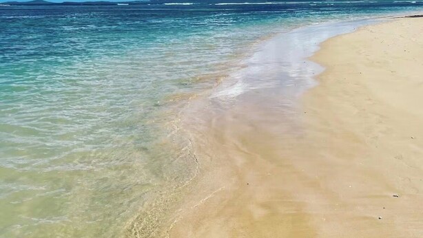 Ein Strand mit klarem Wasser, sandigem Ufer und weiter Küste im Hintergrund.