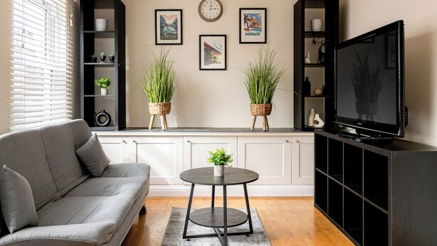A living room with a sofa, a coffee table, a TV, and two potted plants on a shelf. - One Bedroom Apartment in West Kensington (London)