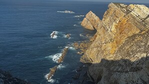 Eine Küstenlandschaft mit felsigen Klippen und dem Meer.