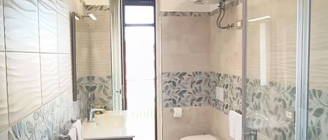 Shower, hair dryer, bidet, towels