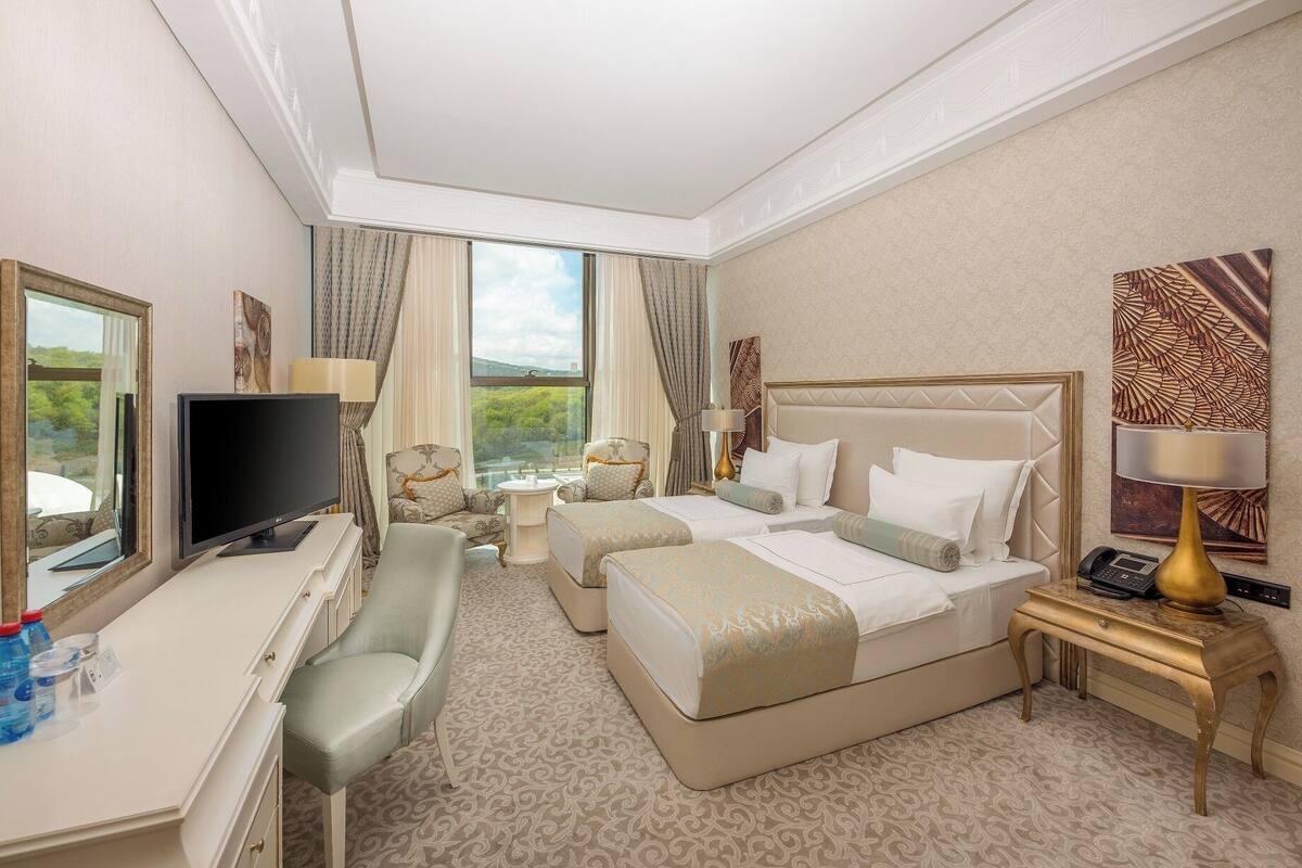 Een hotelkamer met een bed, een bureau, een televisie en uitzicht op de omgeving.