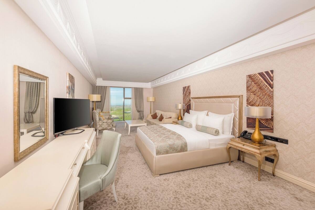 Een hotelkamer met een bed, een bureau, een stoel, een televisie en uitzicht op de stad.