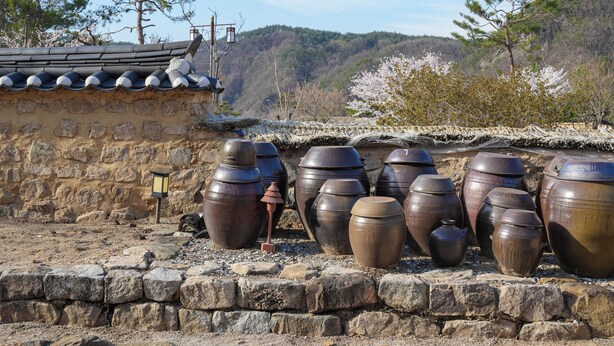 Un mur de pierre agrémenté de grands pots en céramique et surmonté d’une toiture traditionnelle en tuiles.