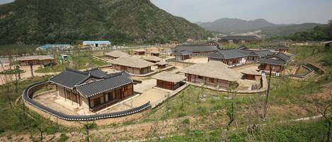 A traditional village with multiple buildings, some with curved roofs and others with flat roofs, surrounded by greenery and hills.