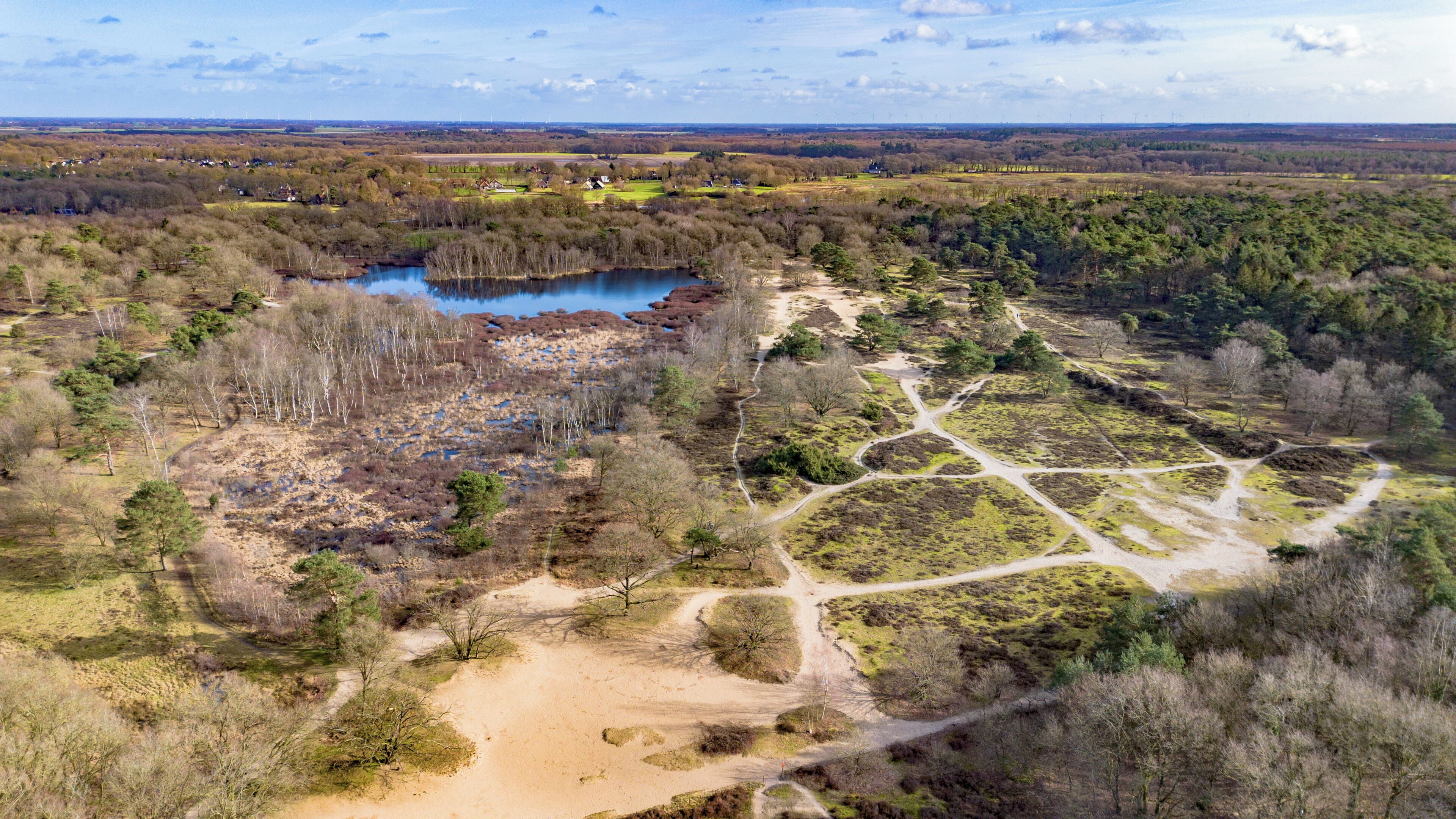 An aerial view of a natural landscape with a lake, forested areas, and winding paths.