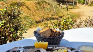 Eine Platte mit Meeresfrüchten, Austern, Garnelen und Brot auf einem Tisch mit Blick auf Strand und Meer.