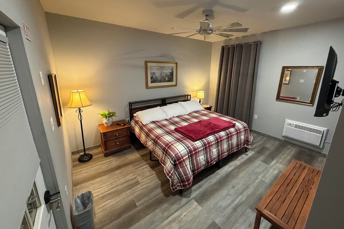 A bedroom with a bed, bedside lamps, a ceiling fan, a mirror, and a TV.