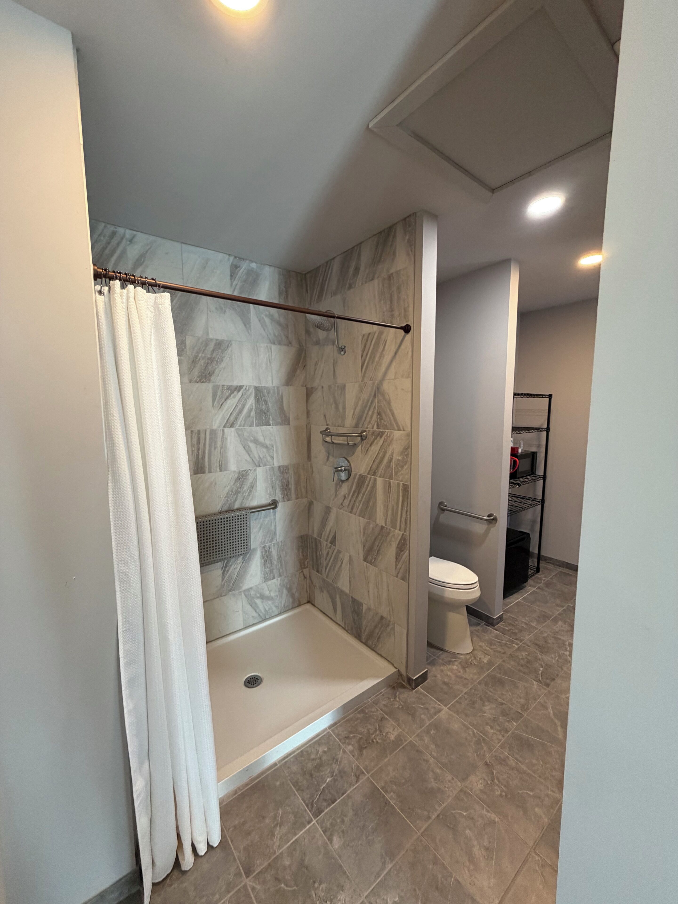 Une salle de bain moderne équipée d’une douche, de toilettes et d’un espace douche à l’italienne.
