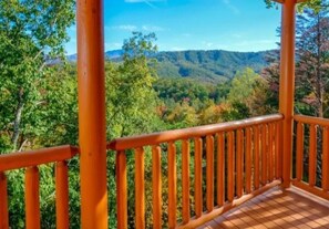 Eine Holterrasse mit Metallgeländer, die über ein bewaldetes Tal blickt.