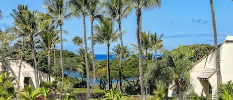 A resort with palm trees, a pool, and a view of the ocean.