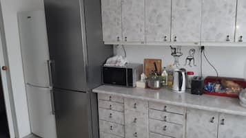 Großer Kühlschrank, Mikrowelle, Herdplatte, Wasserkocher