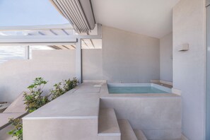 Ein moderner Poolbereich im Freien mit Treppen, die zu einem Whirlpool führen, umgeben von einem minimalistischen architektonischen Design.