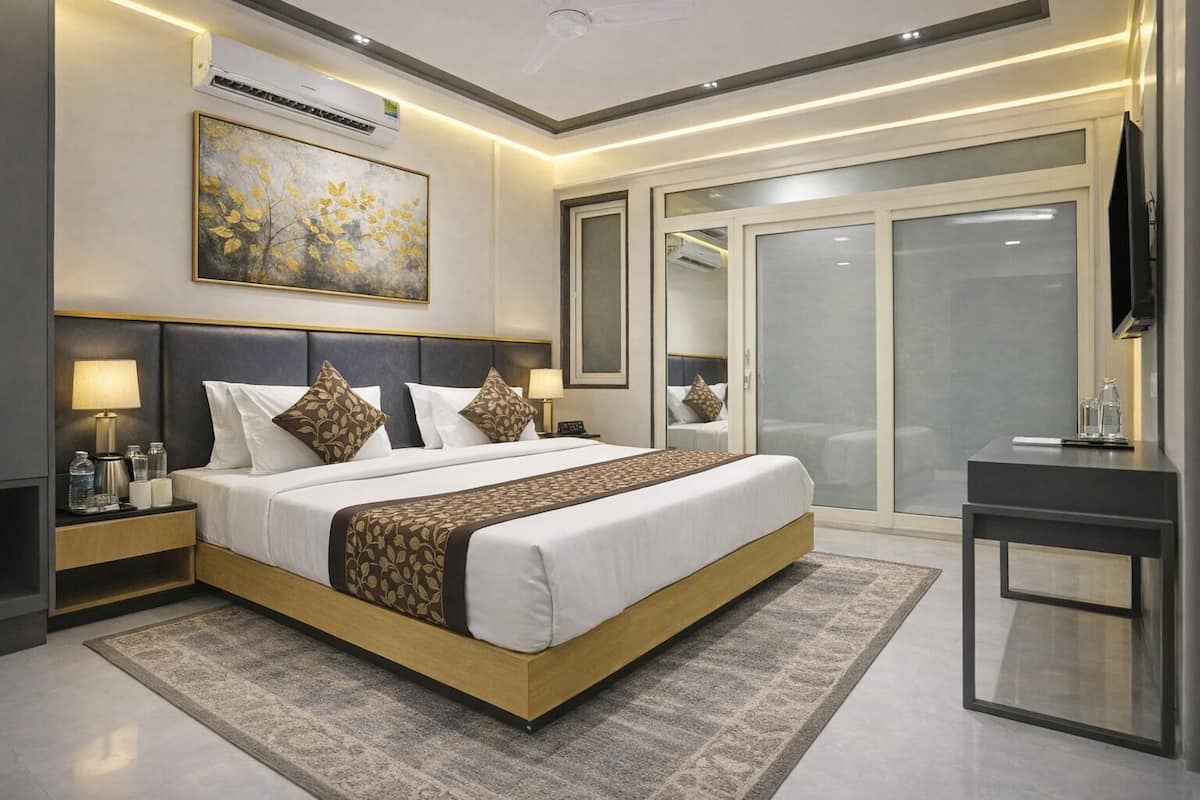 Ein modernes Hotelzimmer mit einem großen Bett, Nachttischen, einer Klimaanlage, einem Gemälde, einer Schiebetür und einem Schreibtisch mit Stuhl.