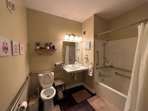 Secadora de cabello, toallas, jabón, papel de baño 