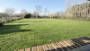 Een verzorgd gazon met een metselwerk rand, omgeven door bomen en een heldere lucht.