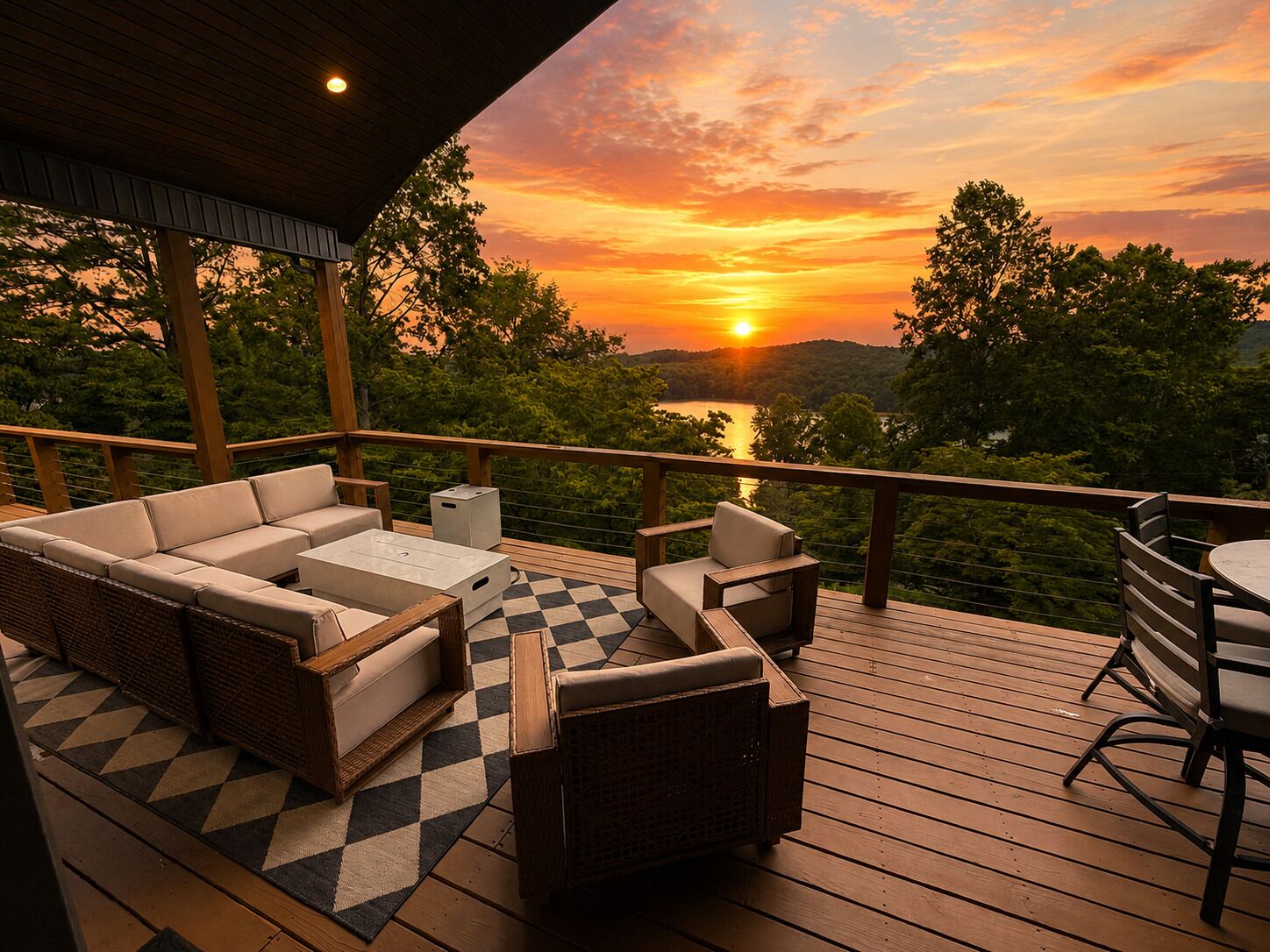 Een terras met een zwart-wit schaakbordvloer, een bank en een tafel, met uitzicht op een zonsondergang en een bebost gebied.