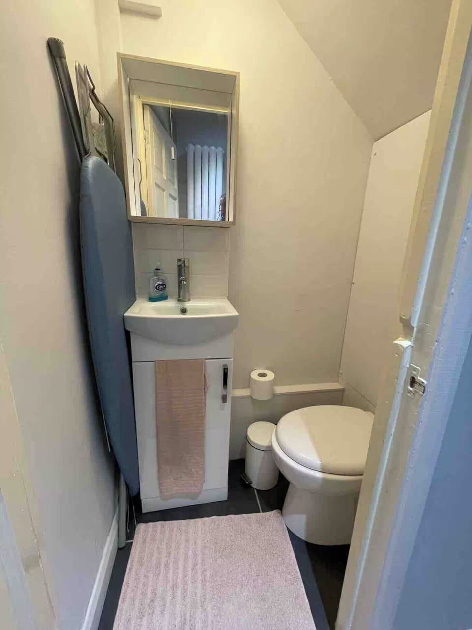 A small, narrow bathroom with a sink, mirror, toilet, and a towel rack.