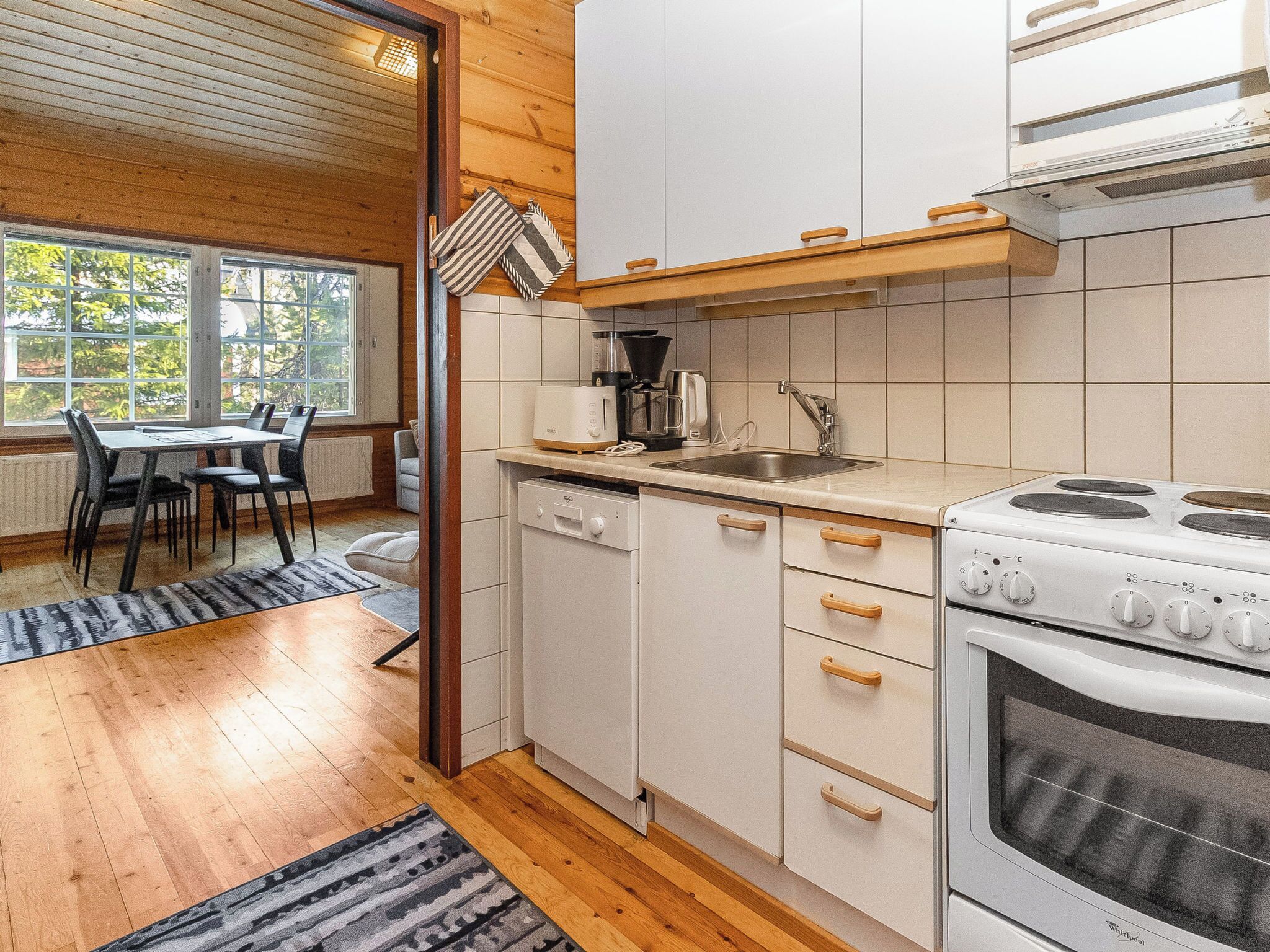 Fridge, microwave, dishwasher, cookware/dishes/utensils