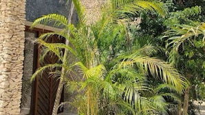 Ein Gebäude mit einer Steinwand, einer Holztür und einem tropischen Garten mit Palmen.