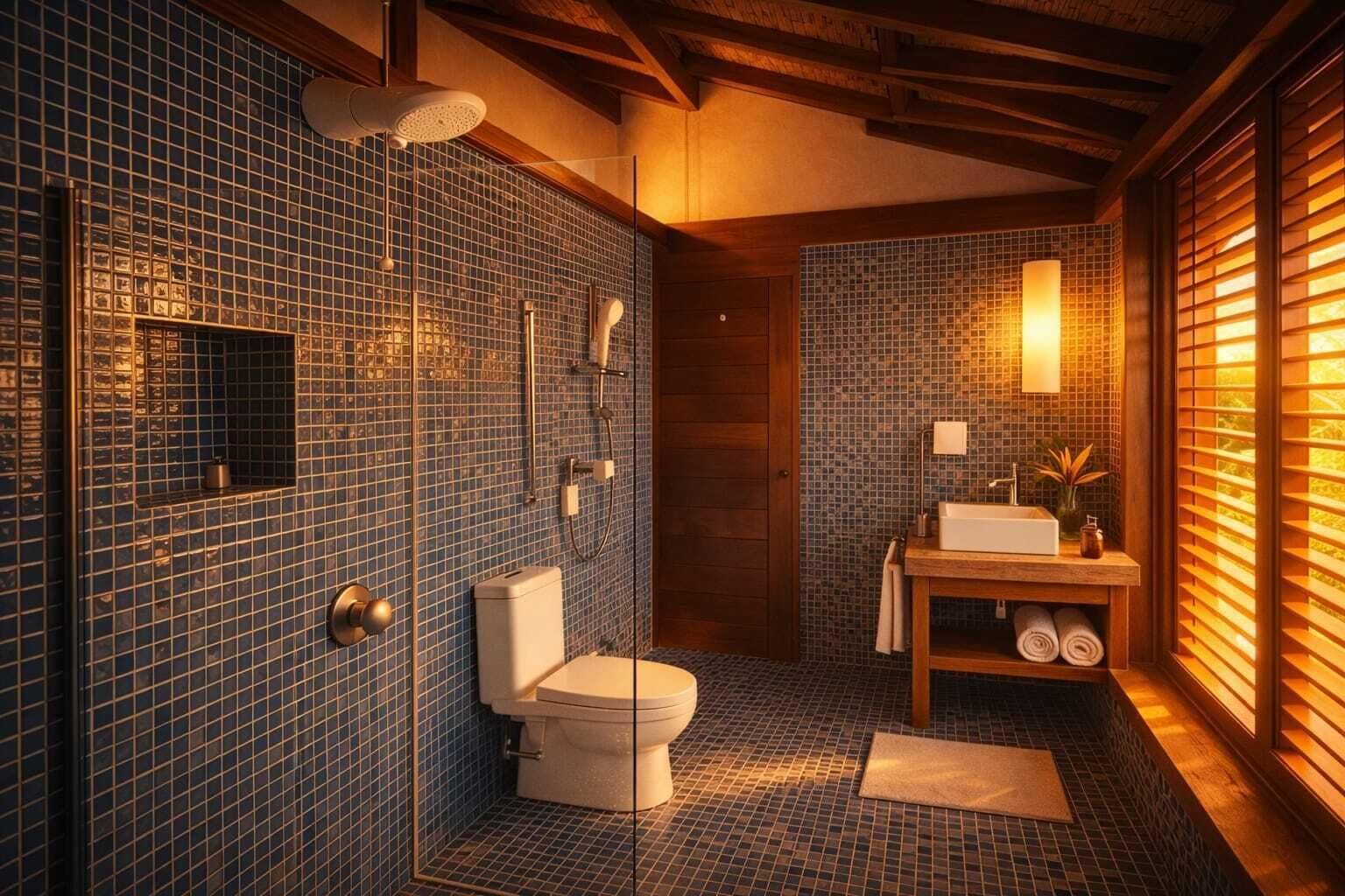 Ein Badezimmer mit gefliestem Duschbereich, Toilette und Waschbecken, Holzbalken an der Decke und einem kleinen Fenster mit Jalousien.