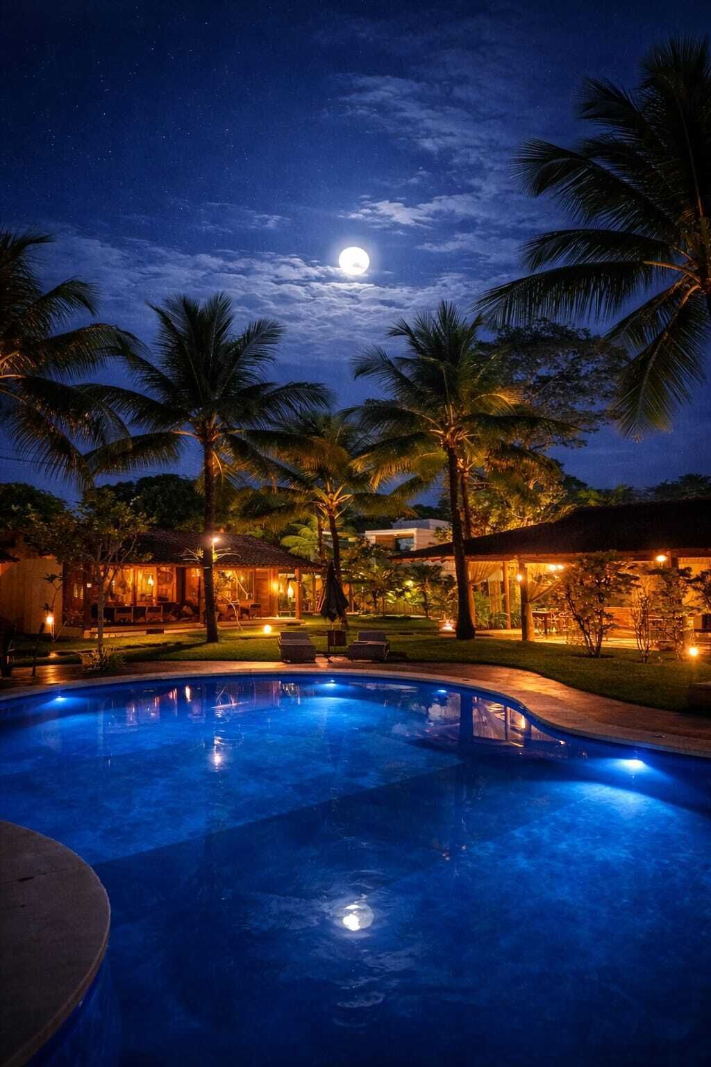 A nighttime pool area with palm trees, a moon in the sky, and illuminated buildings.