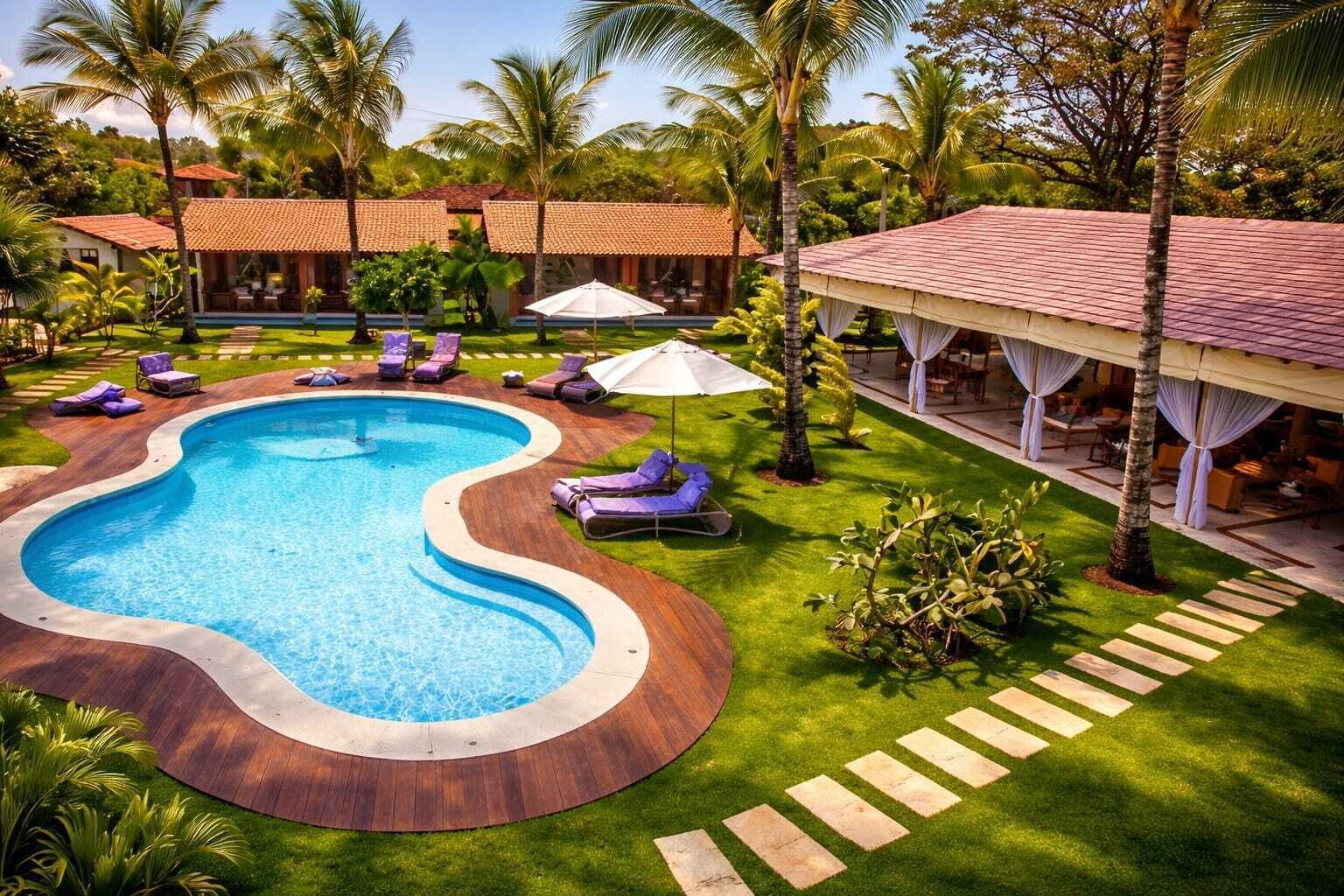 Une piscine aux bords ondulés, entourée de pelouse, de palmiers et de chaises longues.