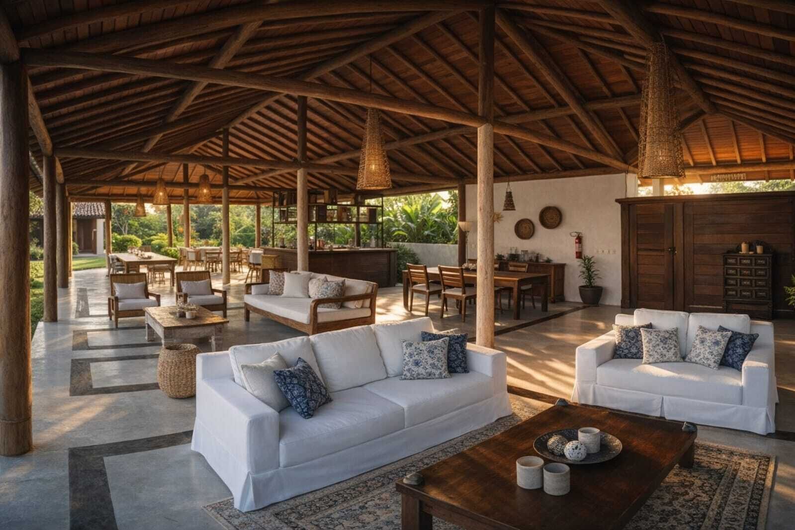 An open-plan living area with a high ceiling, wooden beams, white sofas with patterned cushions, and a coffee table with decorative items.