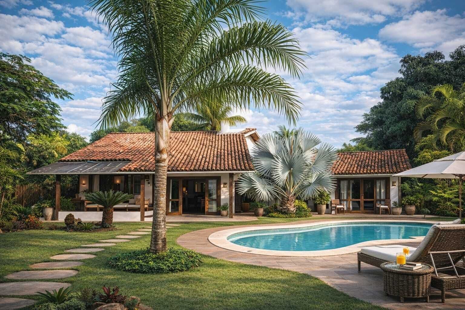 Een resort met een zwembad, palmbomen en een gebouw met een tegeldak.