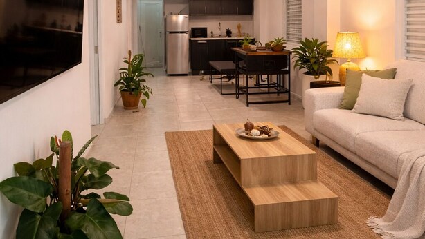 Uma sala de estar moderna com sofá, mesa de centro e plantas em vasos.