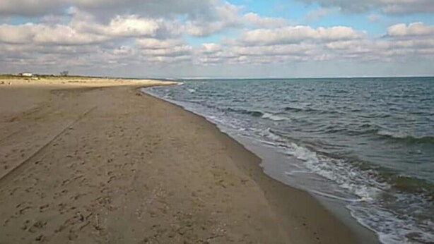 Una playa con arena dorada y cielo despejado.