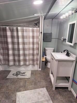 Hair dryer, towels, soap, toilet paper