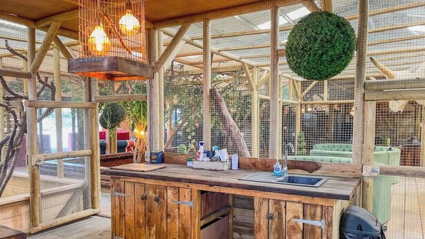 Una cocina rústica de madera con un lavamanos, una lámpara colgante y un adorno esférico verde.