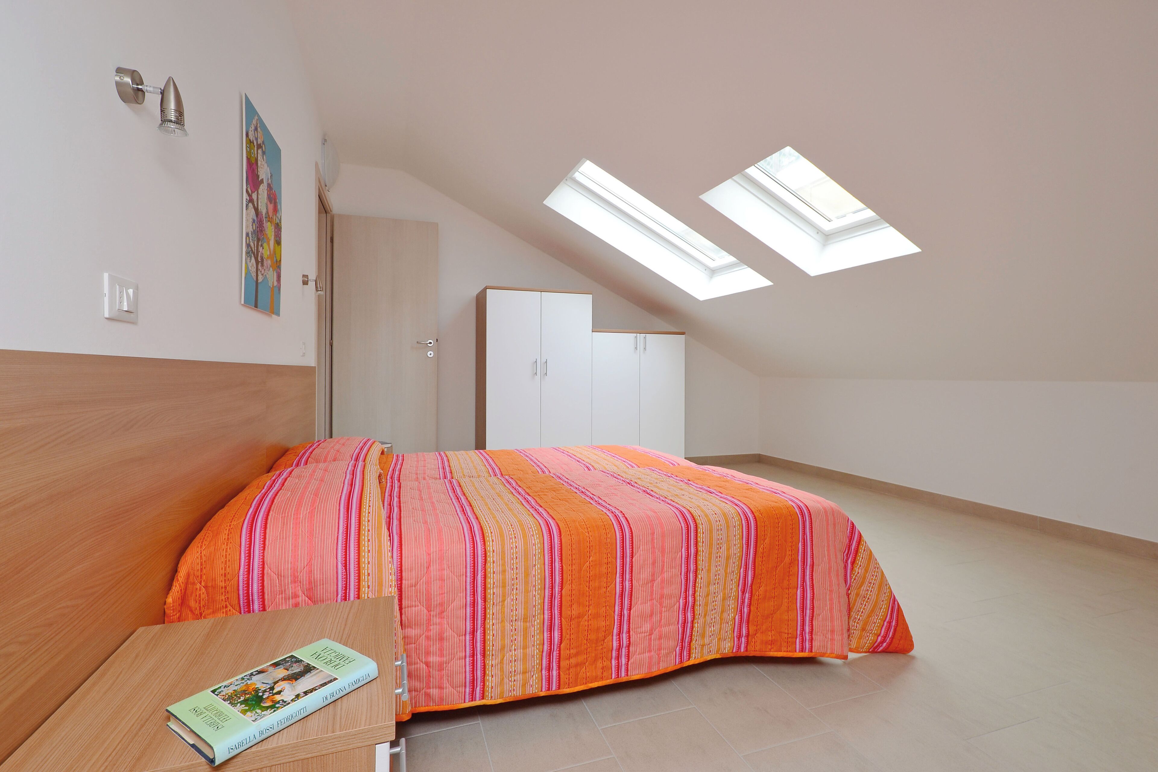 A bedroom with a bed, a desk, a wardrobe, and skylights.