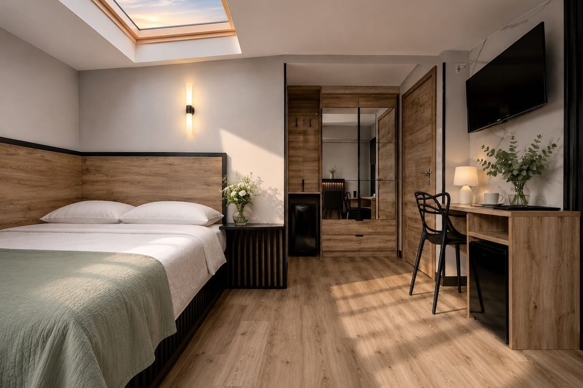 Una camera da letto moderna con un velux, un letto, una scrivania, una sedia, una TV e uno specchio.