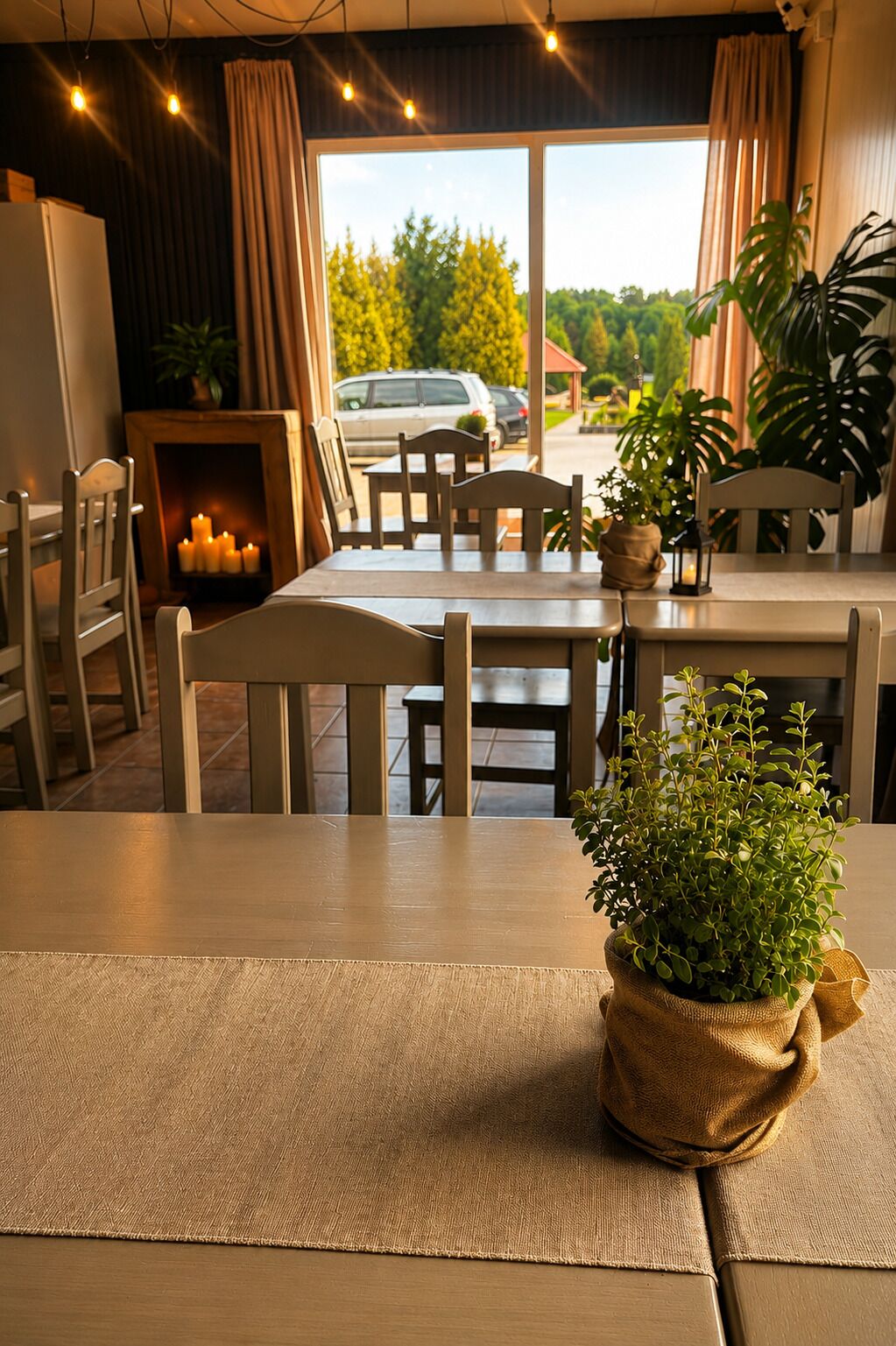 Ein Essbereich mit Tisch, Stühlen, einem Kamin und Blick ins Freie.
