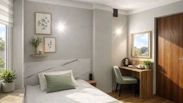 Un dormitorio moderno con cama, escritorio y vistas al exterior.