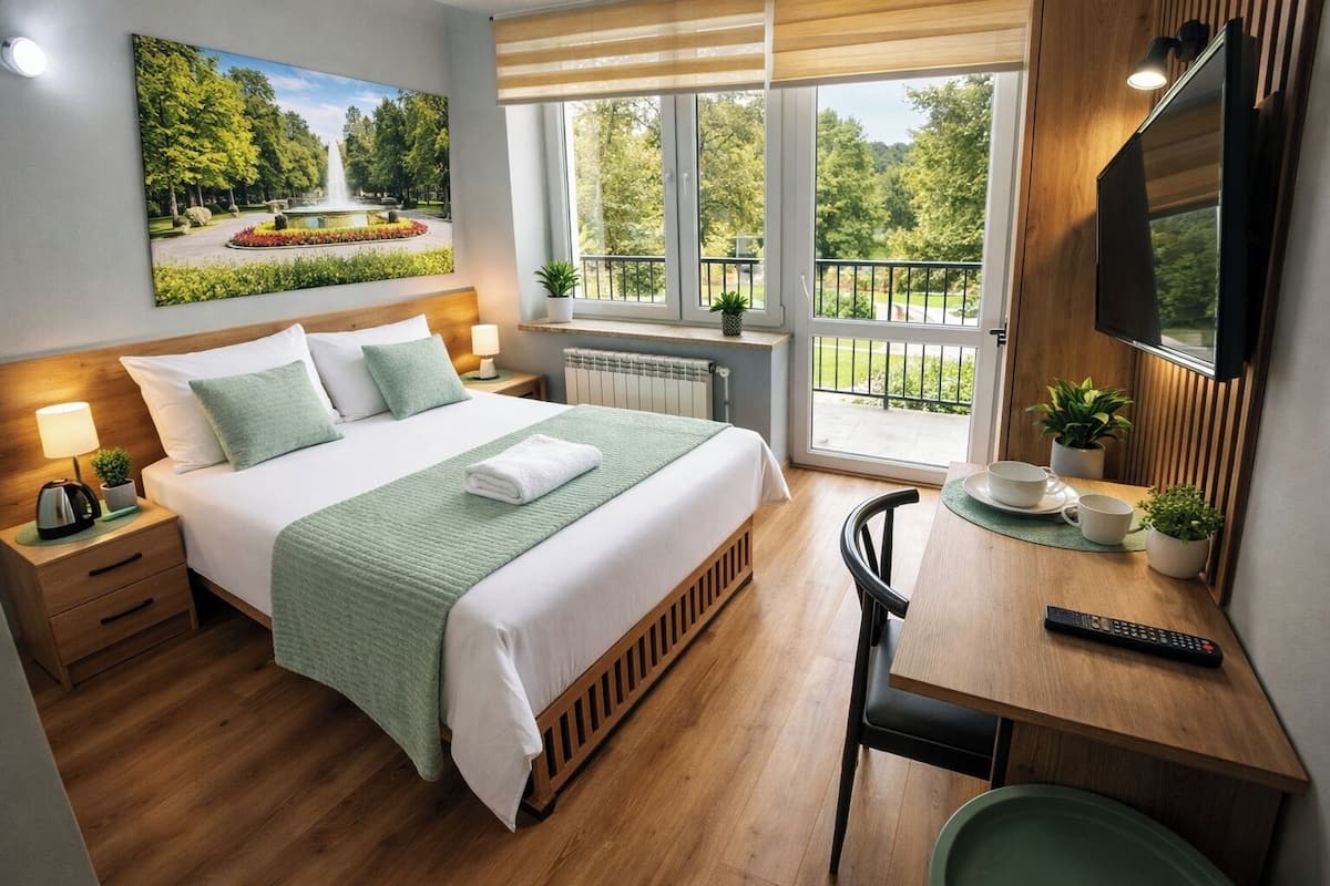 Una camera d'albergo con un letto, un comodino, una lampada, una finestra vista verde e una scrivania con sedia e telecomando.