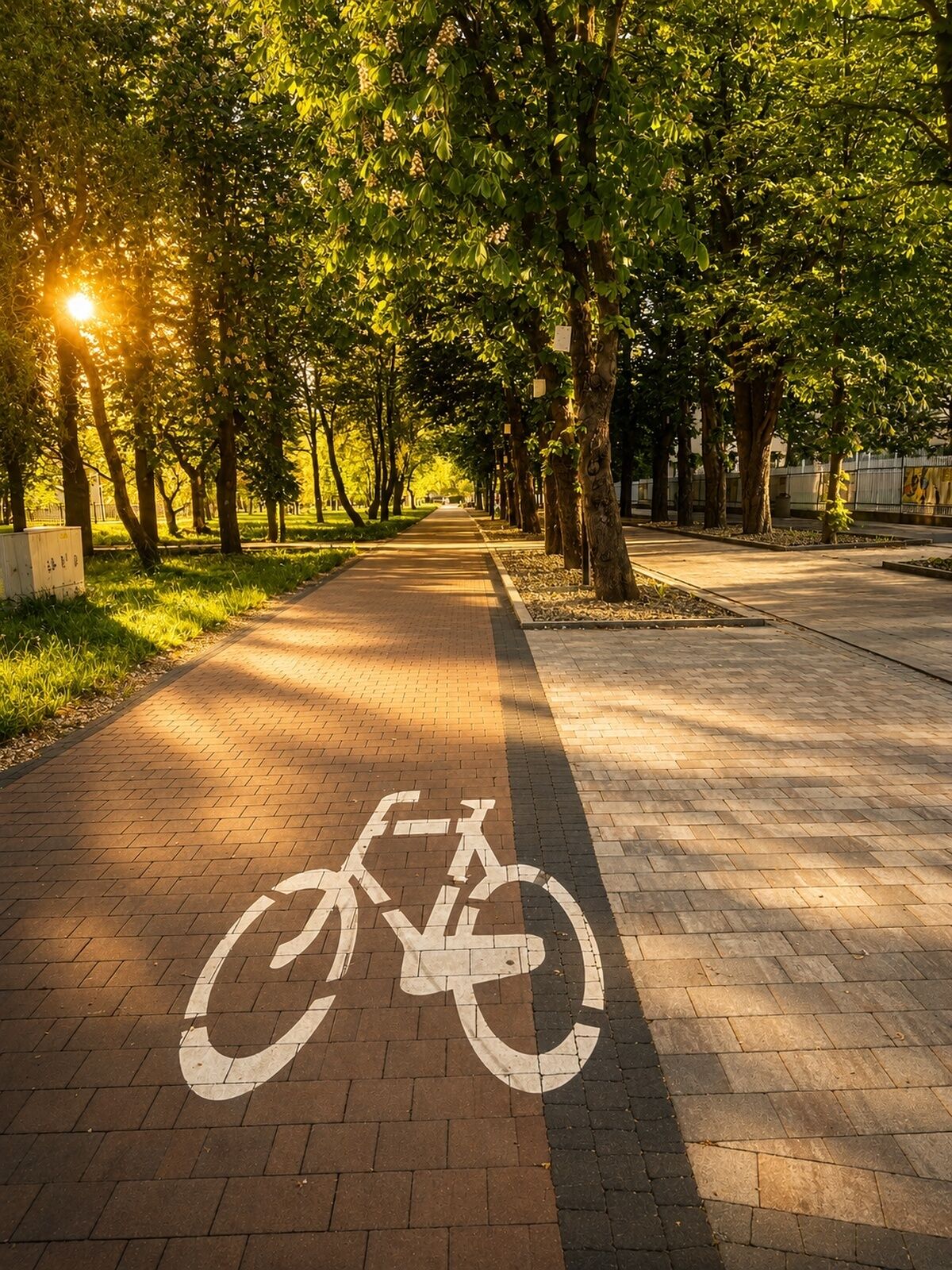 A paved path with a bicycle lane, surrounded by trees and sunlight.