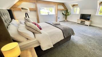 A bedroom with a bed, bedside lamp, TV, windows, and a plant.