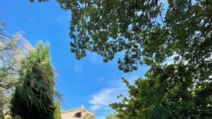 Un camino de grava conduce a un edificio de fachada color beige, rodeado de vegetación y árboles.