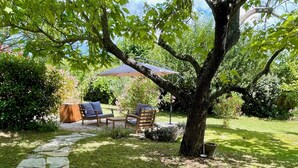 A stone pathway leading to outdoor furniture under a tree, surrounded by greenery. - La belle histoire du gîte Ventoux (Bédoin)