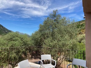 A balcony with white plastic chairs, a metal railing, and a view of green trees and hills.