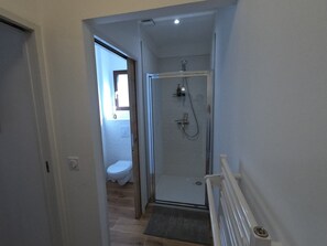 Shower, hair dryer, towels