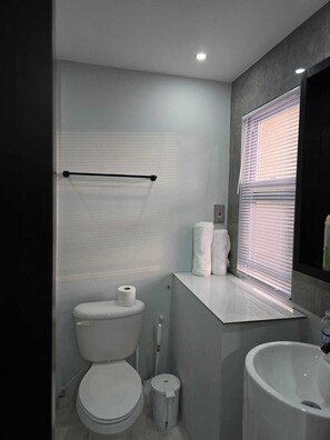 Douche, serviettes fournies, savon, papier toilette
