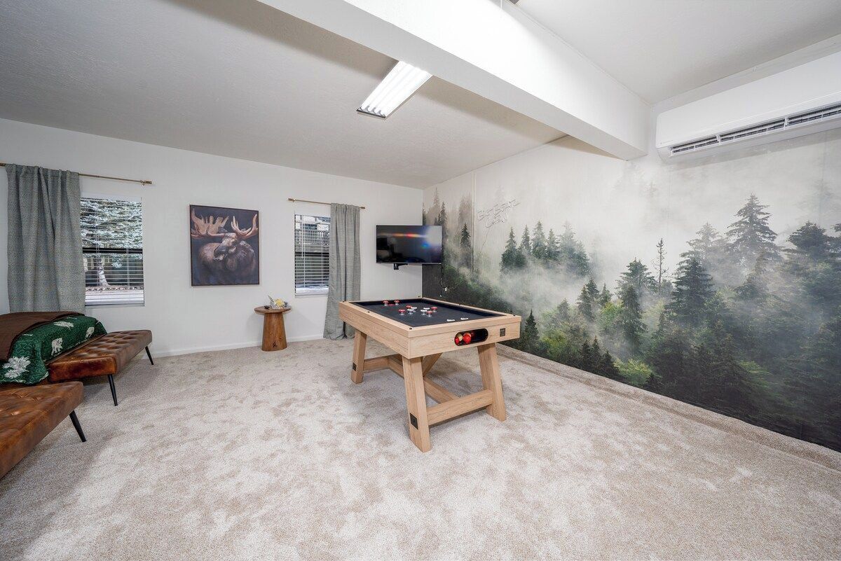A room with a pool table, a sofa, a television, and a forest mural on the wall.