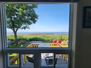 A view through a window of a deck with outdoor seating, a tree, and a beach in the distance.